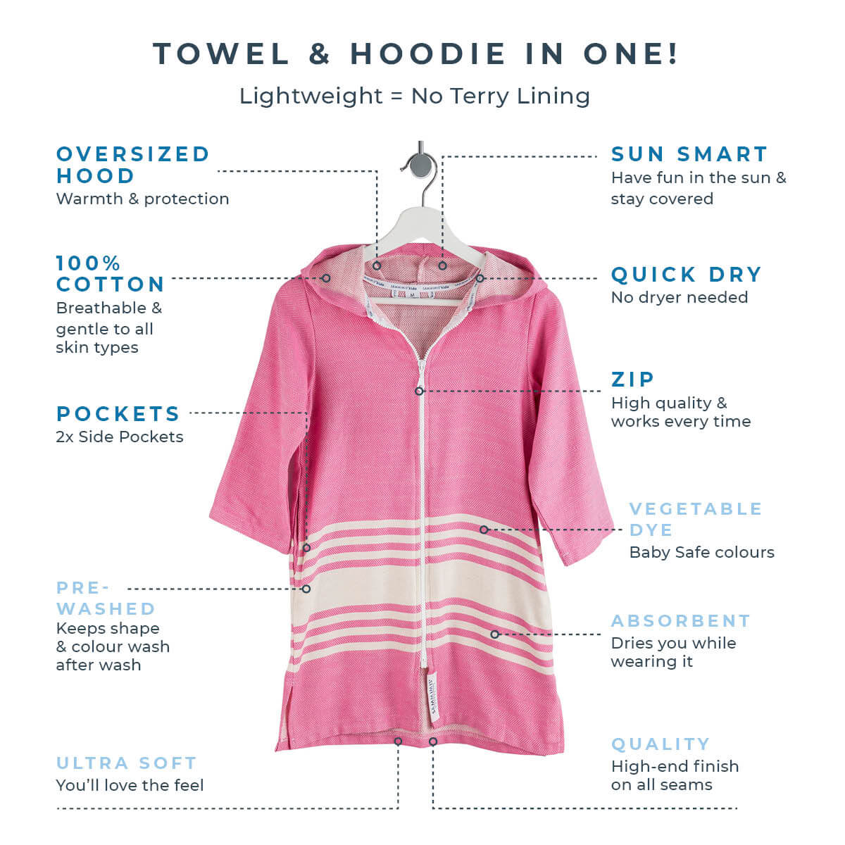 TASSOS Baby Hooded Towel: Hot Pink/White