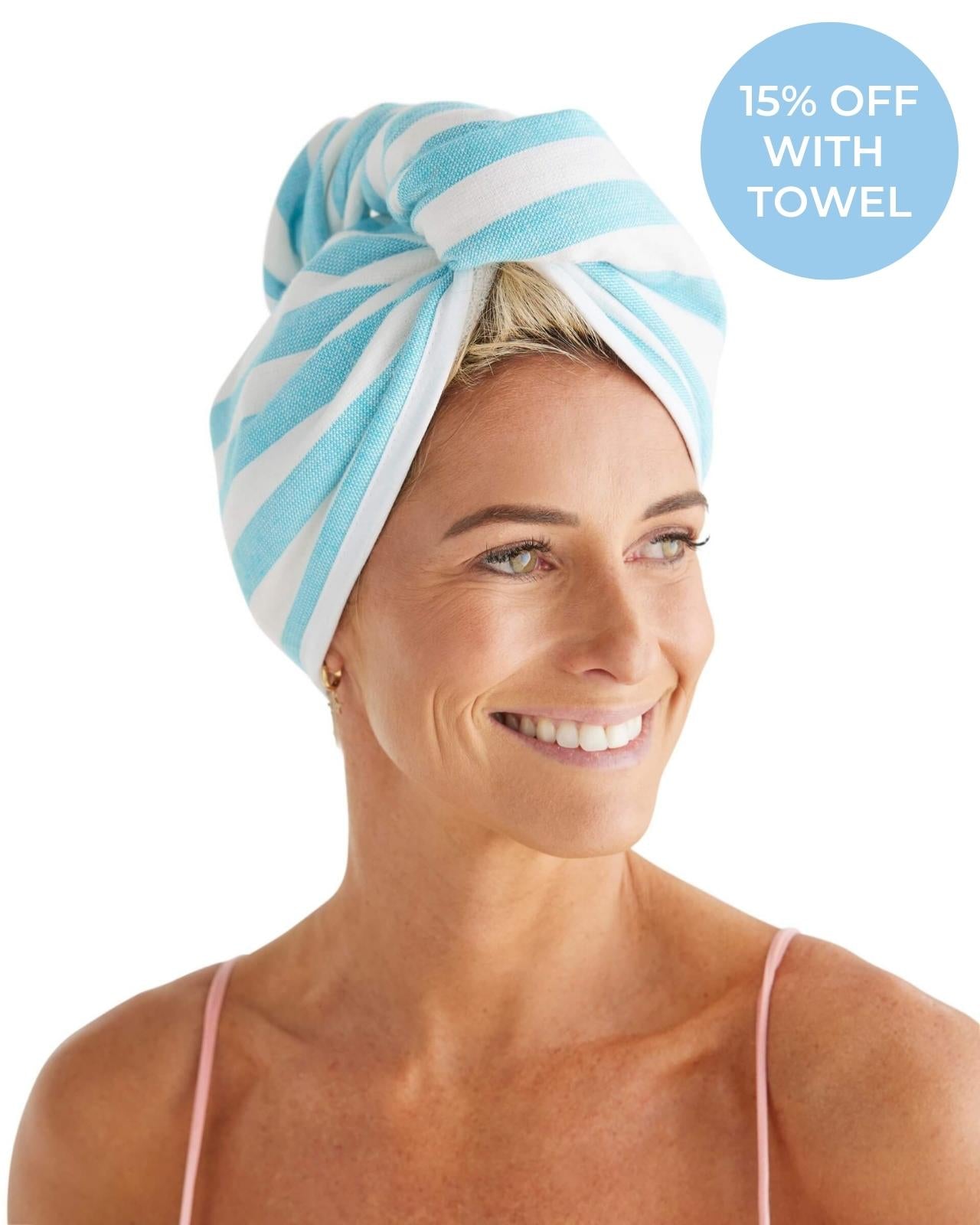 CARROS Terry Hair Towel: Aqua/White