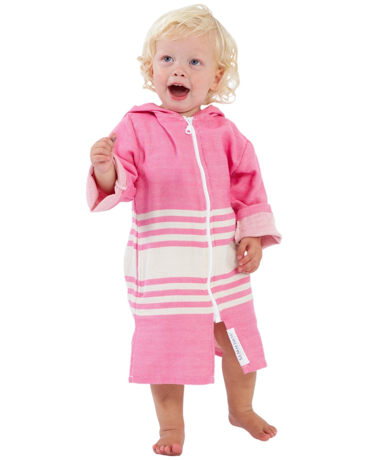 pink baby hooded towel long sleeved zip front and pockets